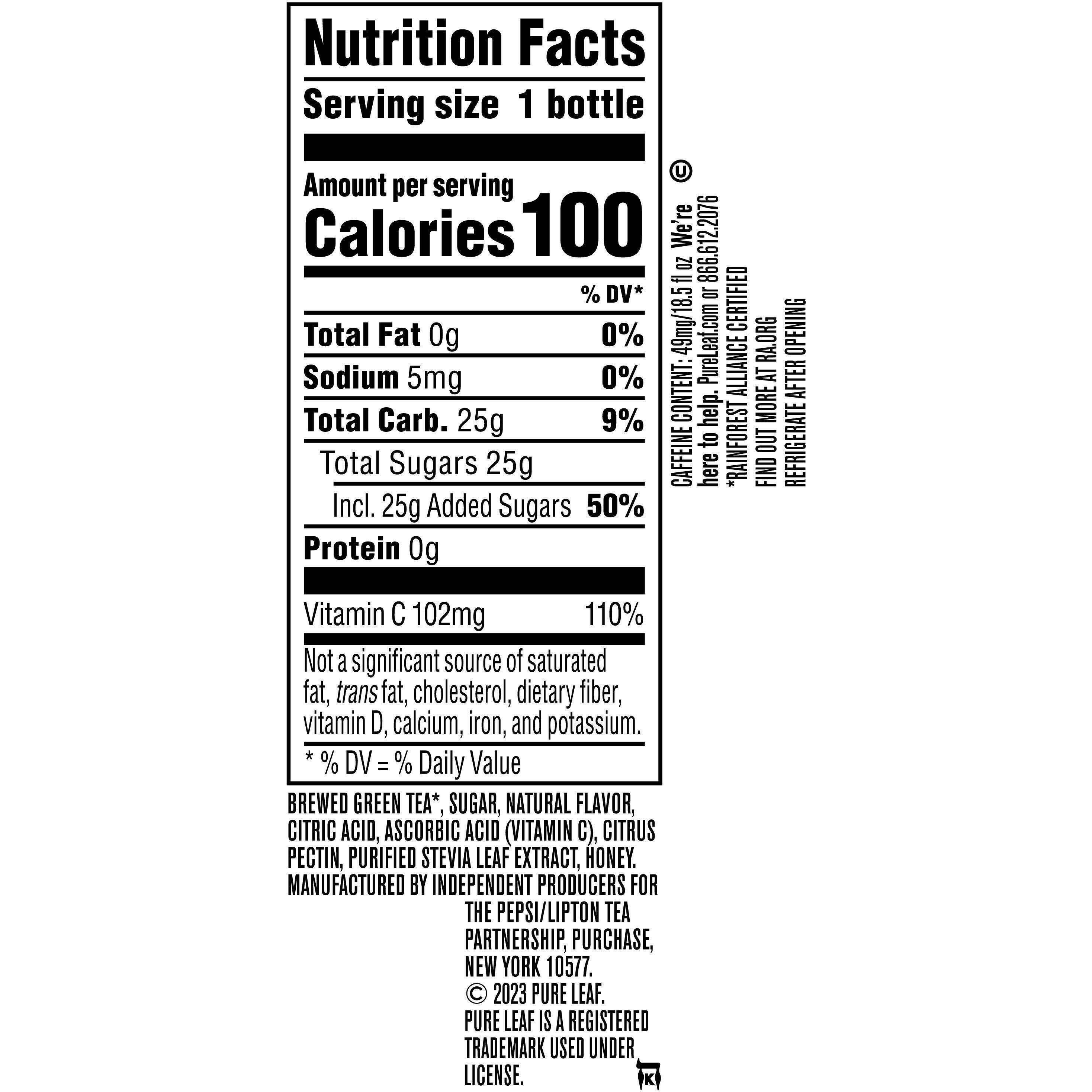 Image describing nutrition information for product Pure Leaf Honey Green Tea