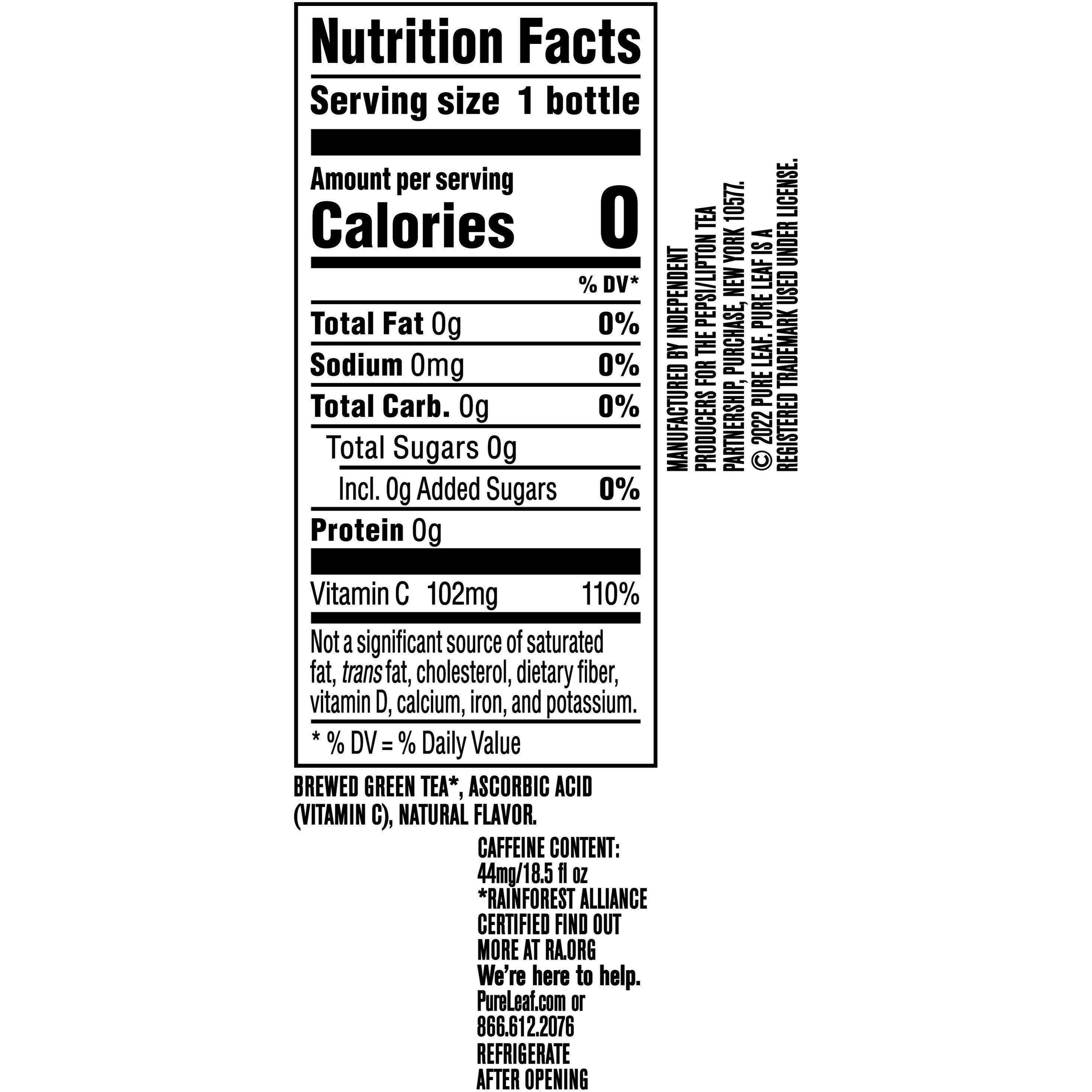 Image describing nutrition information for product Pure Leaf Unsweetened Green Tea