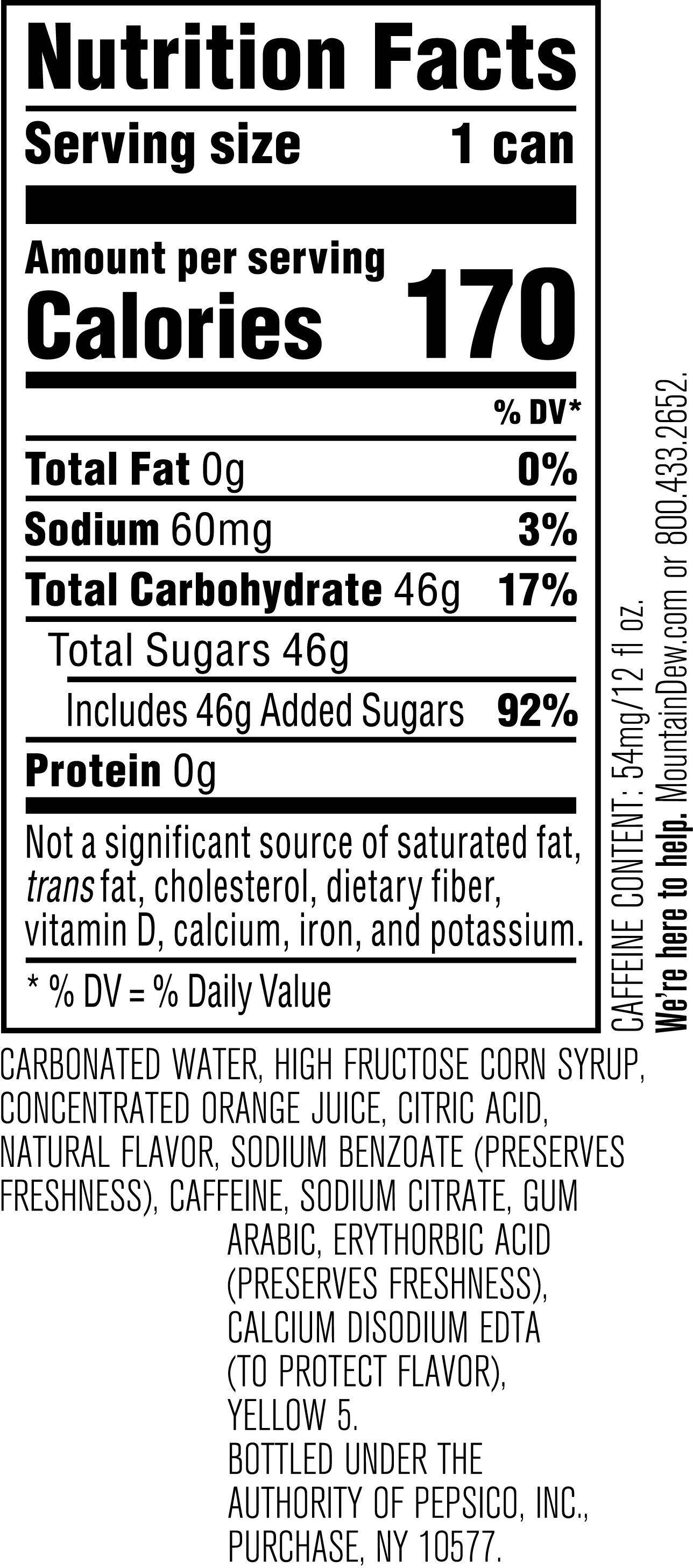 Image describing nutrition information for product Mtn Dew