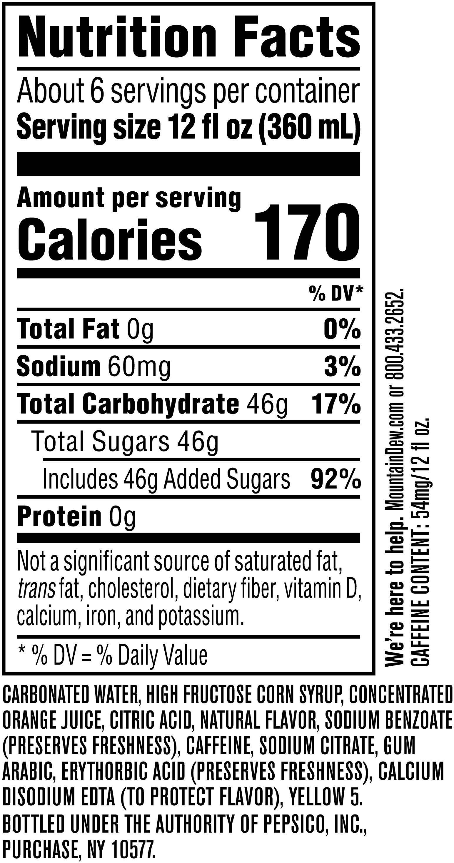 Image describing nutrition information for product Mtn Dew