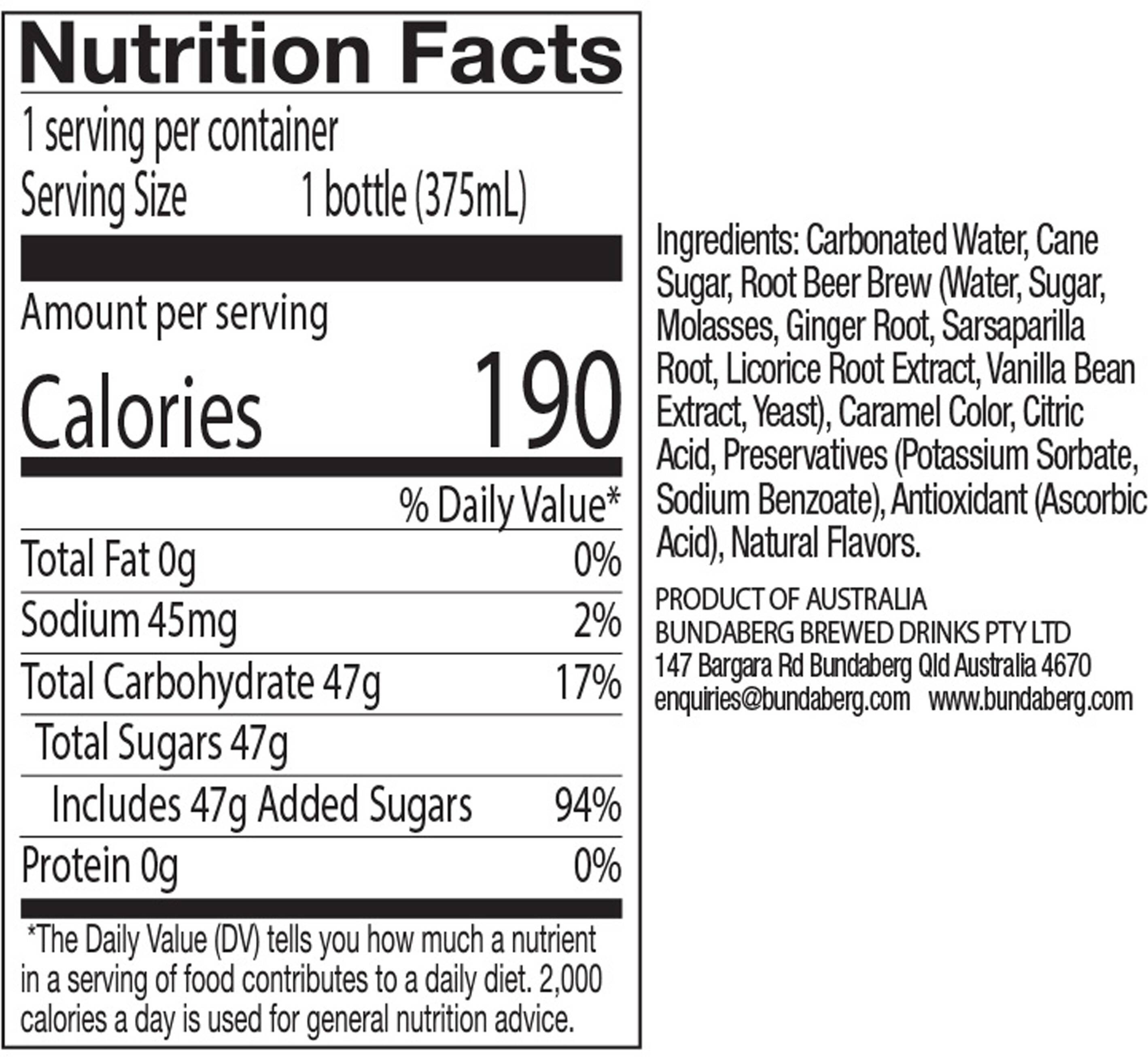 Image describing nutrition information for product Bundaberg Root Beer