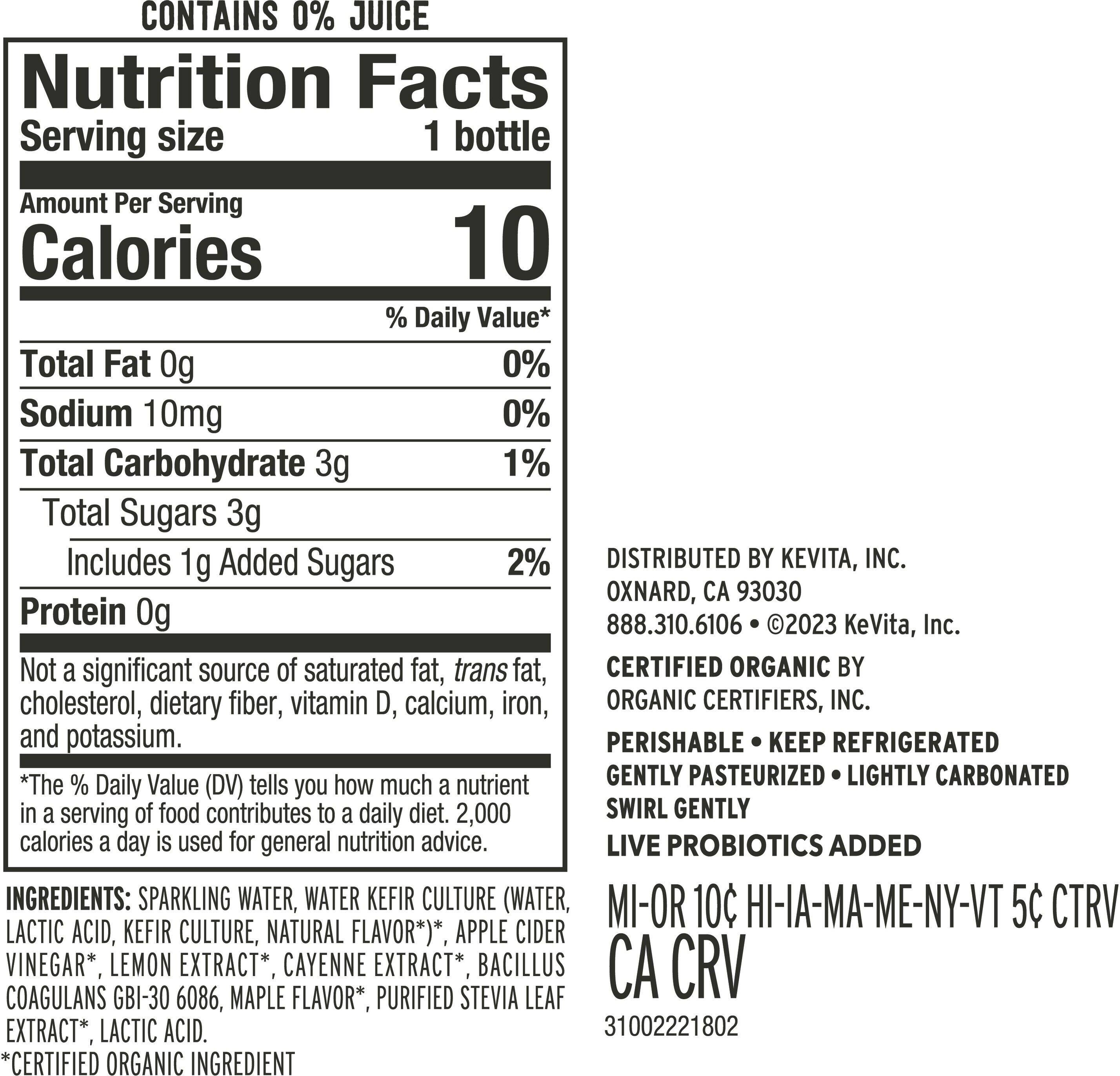 Image describing nutrition information for product KeVita Sparkling Probiotic Lemon Cayenne