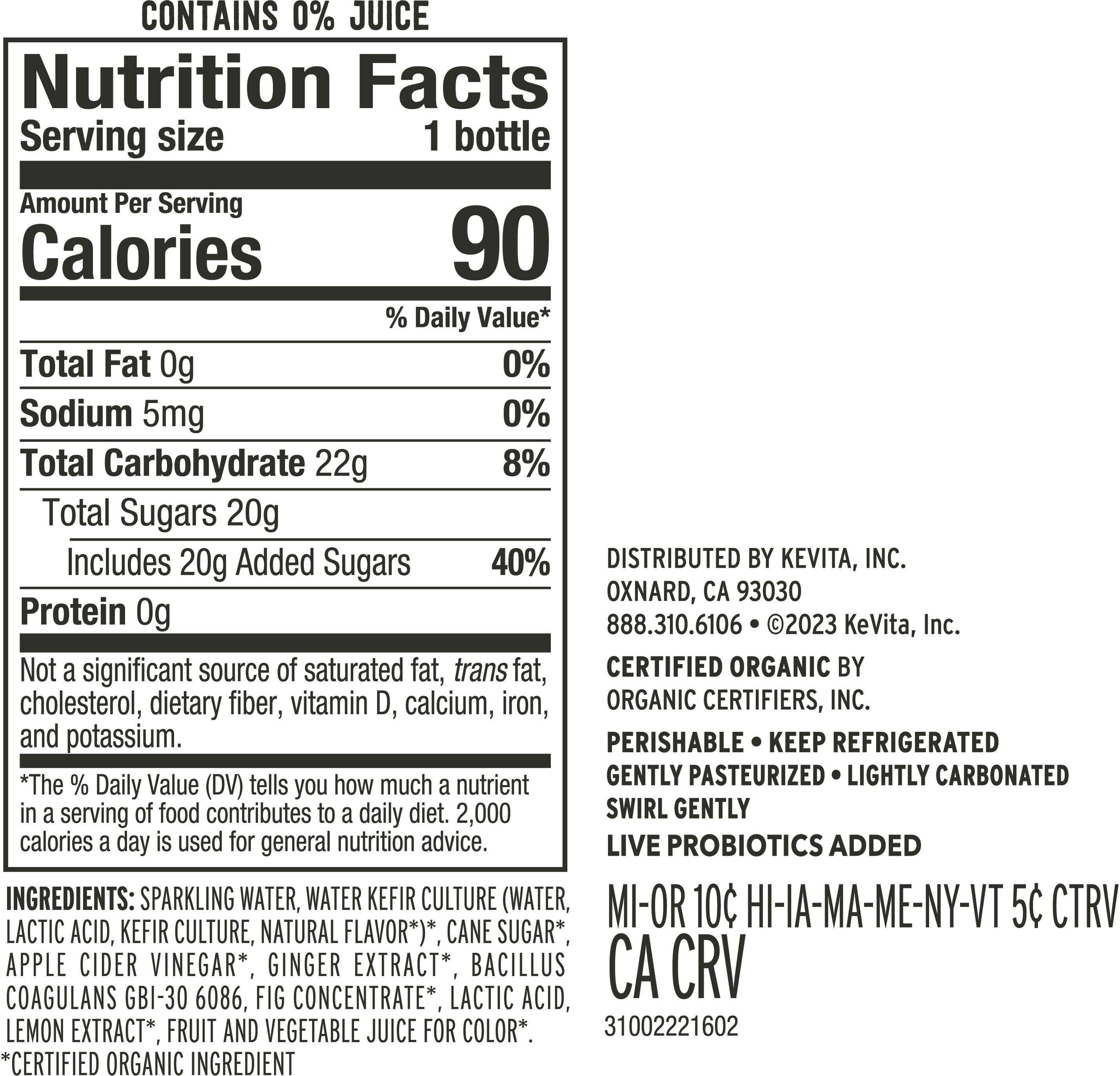 Image describing nutrition information for product KeVita Sparkling Probiotic Lemon Ginger