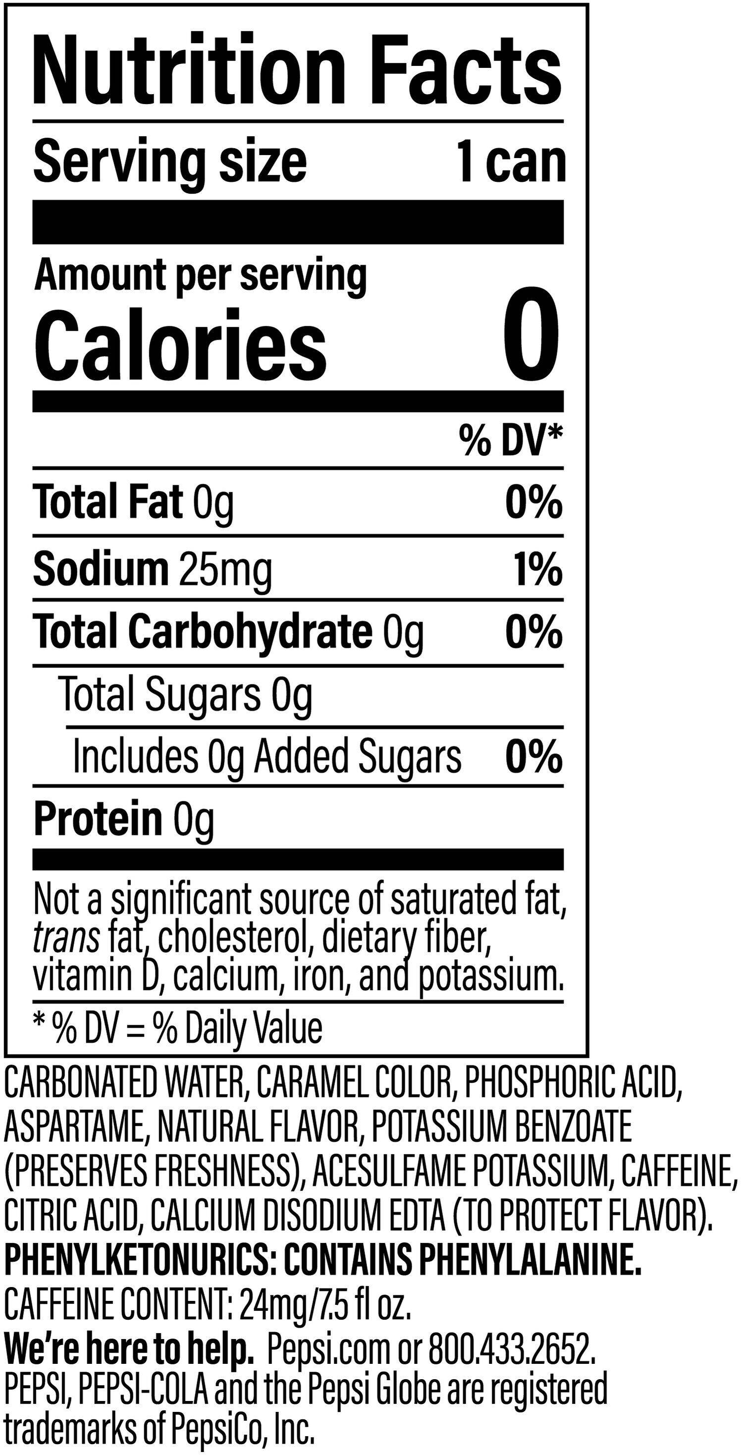 Image describing nutrition information for product Pepsi Zero Sugar