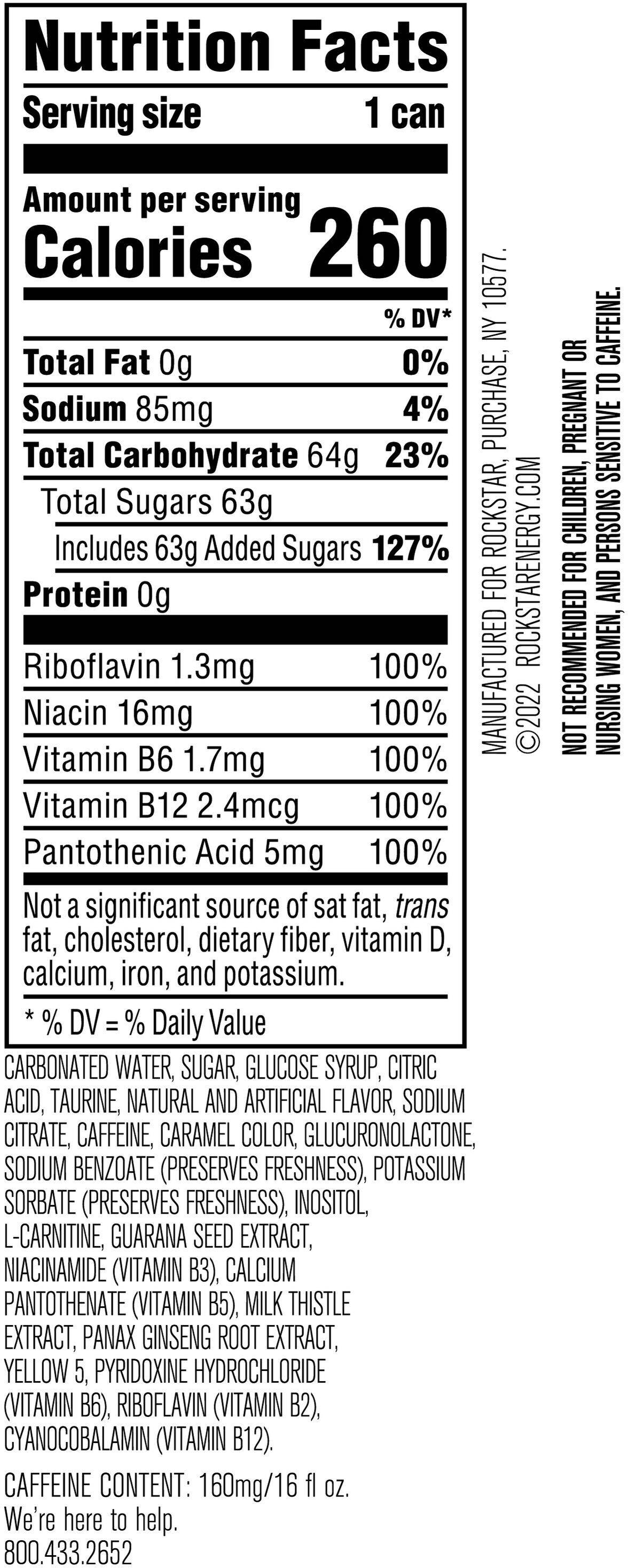 Image describing nutrition information for product Rockstar Energy Original